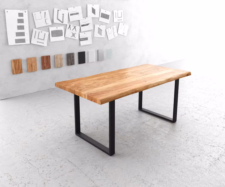 DELIFE Eettafel Edge Acacia Natuur met Zwart Skidframe en Live-Edge, B/D/H: 180 x 90 x 76,5 cm