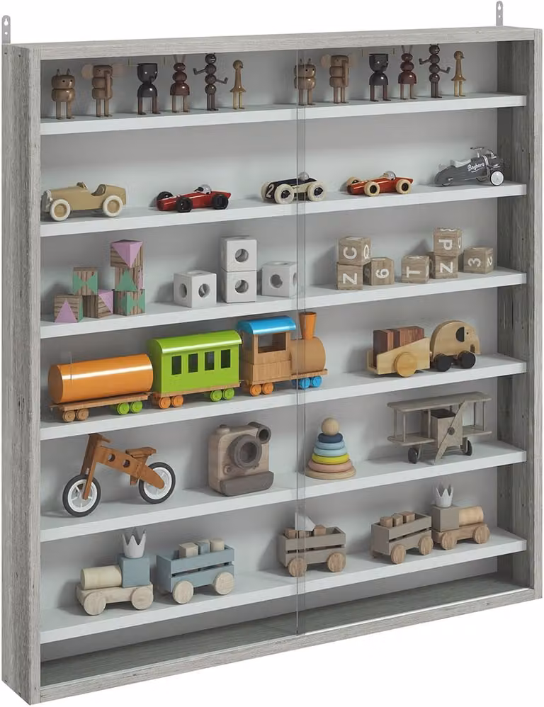 ECTEATOY Wandvitrine met glazen schuifdeuren en 6 verstelbare legplanken - Grafietgrijs - B: 80 cm, D: 9,5 cm, H: 83 cm