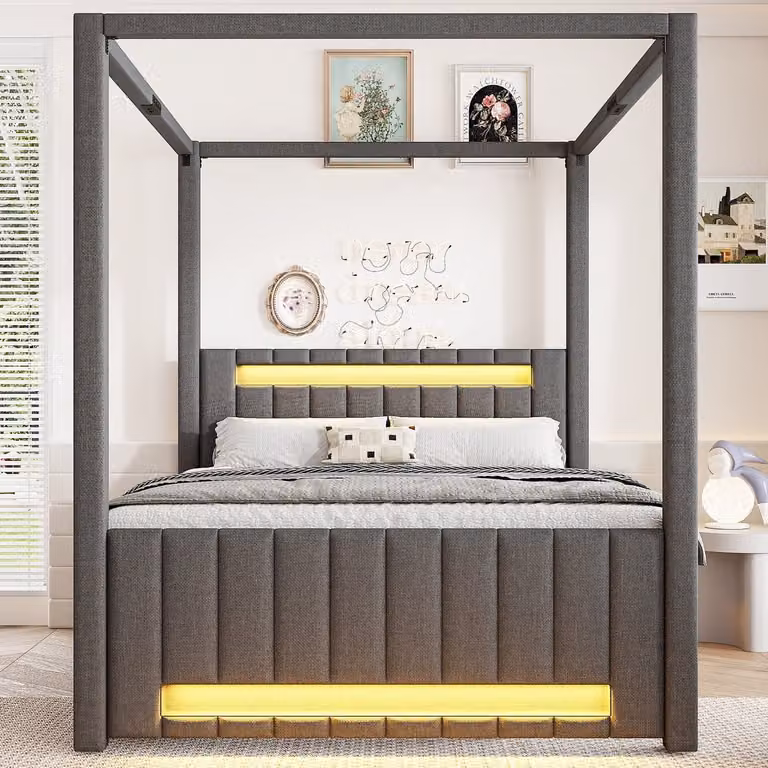 Wishdor Hemelbed Grijs met uitklapbed, drie opberglades en LED-verlichting - B/D: 140 x 200 cm
