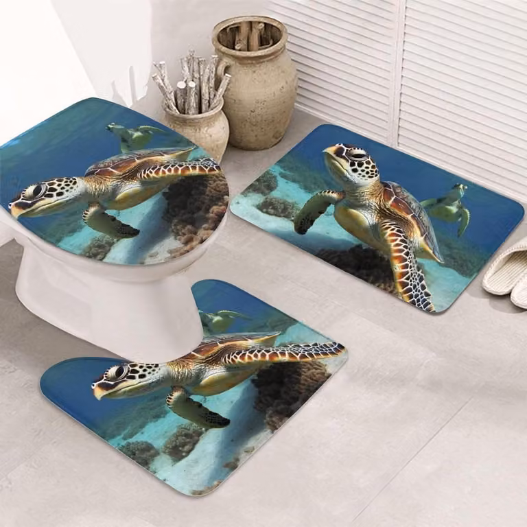 3-delige set badkamermatten met zeeschildpad print in zwart, 80 x 50 cm
