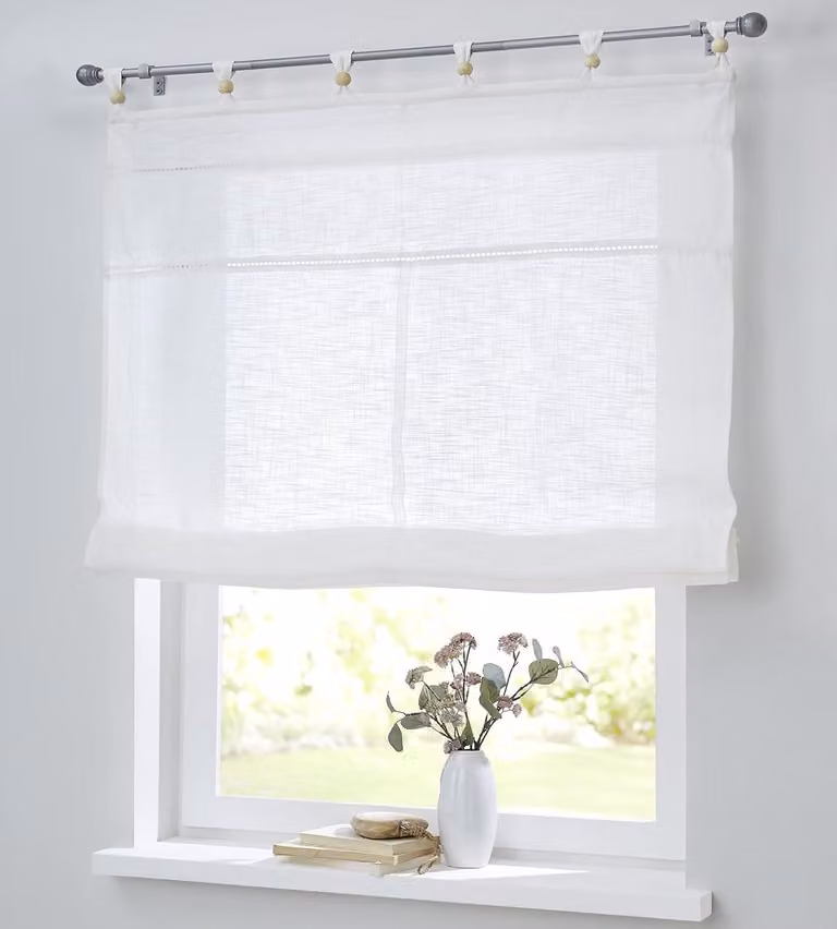Wit Vouwgordijn met lussen in linnenlook en decoratieve houten ballen, Breedte: 60 cm, Hoogte: 140 cm
