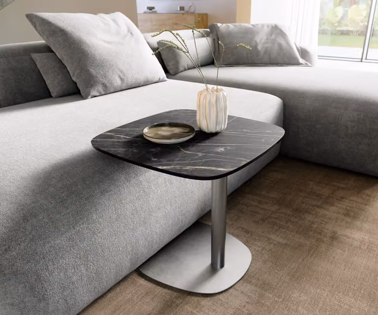 DELIFE Bijzettafel Edge Boot met keramiek Laminam Noir Desir en geborsteld roestvrij staal, Bruin/Zilver/Zwart, B: 50 cm, D: 50 cm, H: 42 cm