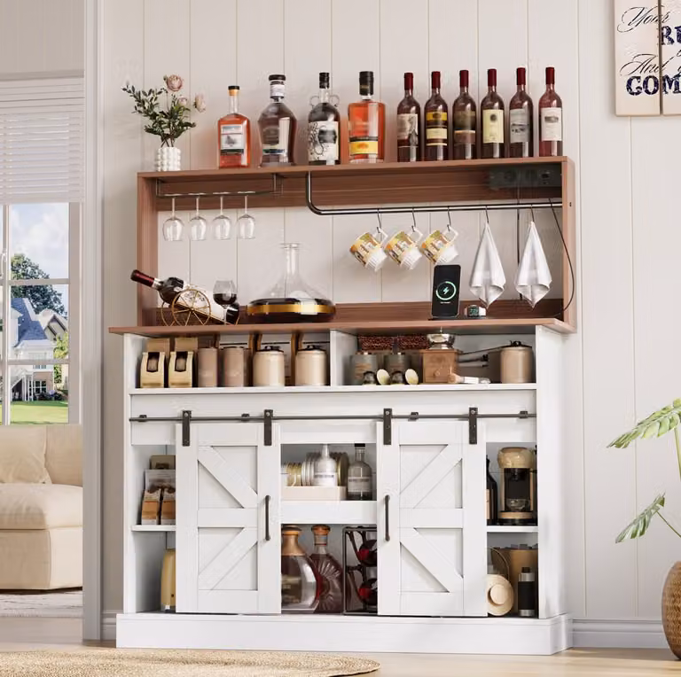 MEUNIQ Keukenkast Wit Naturel - Koffiebar en Sideboard met Glazenhouder, 2 AC en 2 USB, Schuifdeuren - B/D/H: 120 x 40 x 130 cm