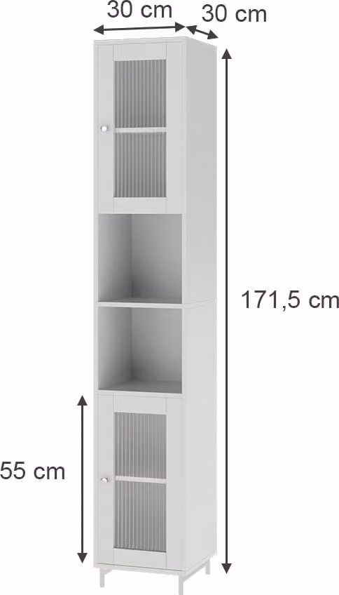 Vicco Malte Badkamerkast Wit met Glazen Deuren, Hoogte: 171,5 cm