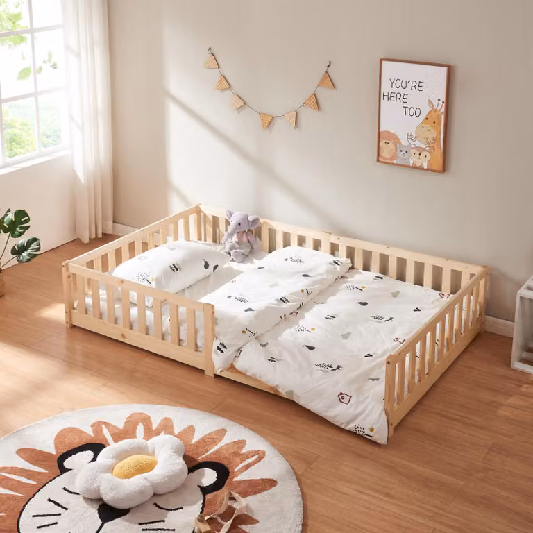 en.casa Montessori Kinderbed Tanna met valbeveiliging, grenenhout, naturel, B/D/H: 120 x 200 cm