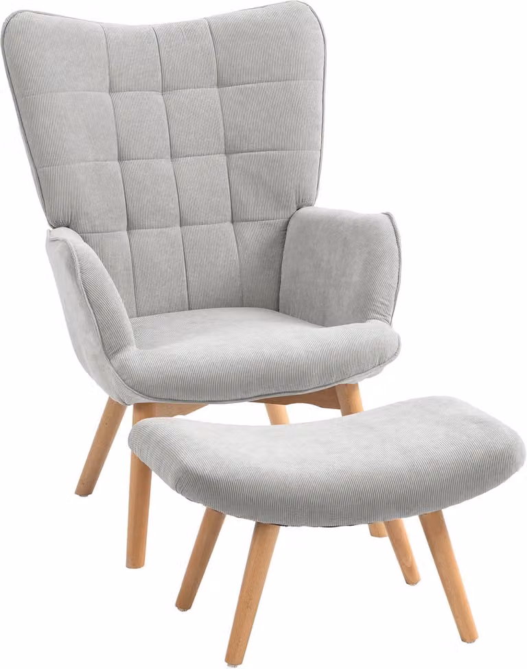 Grijs corduroy relaxfauteuil met houten poten en bijpassend voetenbankje