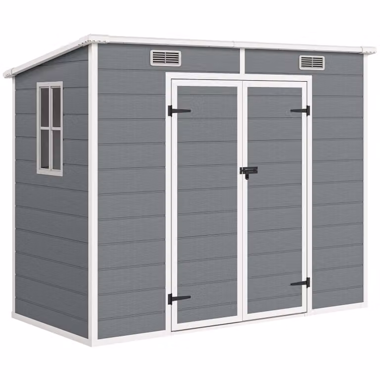 Outsunny Tuinschuur Weerbestendige opbergtuinhuis met polypropyleenhars en aluminium, schuin dak, raam en ventilatie, grijs, B/D/H: 238 x 125 x 183 cm