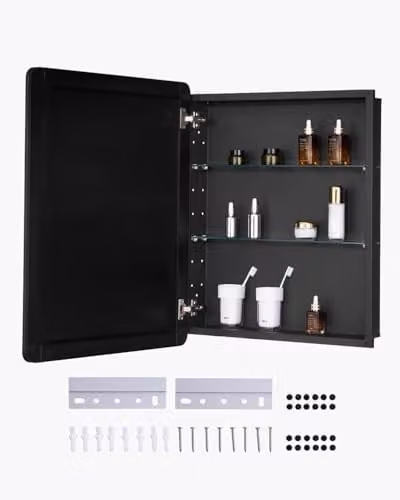 VEVOR Spiegelmedicijnkast voor badkamer met LED-verlichting, zwart, aluminium frame met glazen deuren en interne planken, inbouw of wandmontage, B/D/H: 66,2 x 13,5 x 76,2 cm