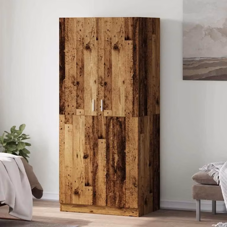 Robuuste houten opbergkast voor de slaapkamer of hal met deuren, Antiek Hout, B/D/H: 90 x 200 cm