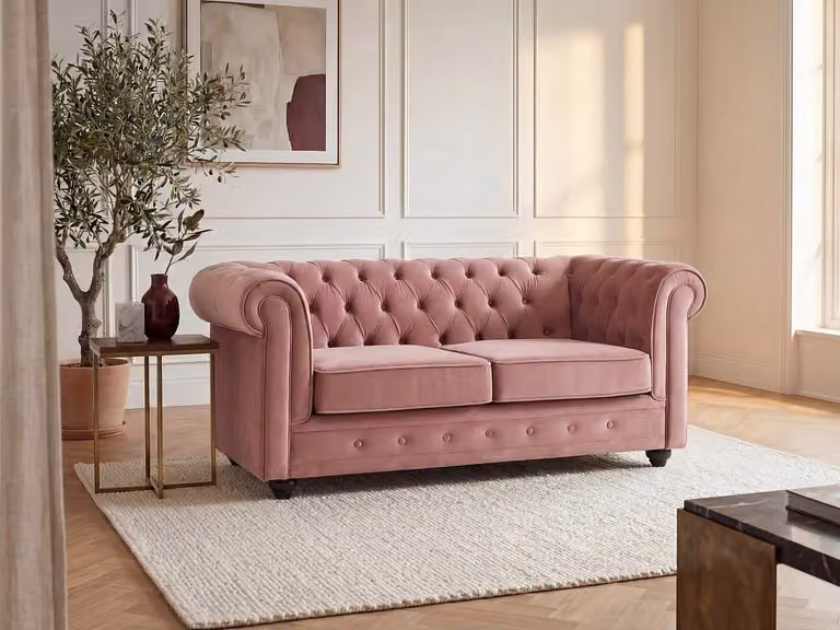 Vente-unique Chesterfield tweezitsbank in roze fluweel