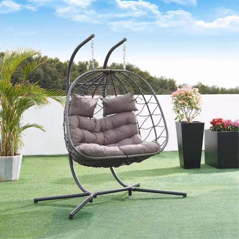 en.casa Dubbele hangstoel Skense met frame en kussens voor 2 personen, grijs, B/D/H: 198 x 156 x 98 cm