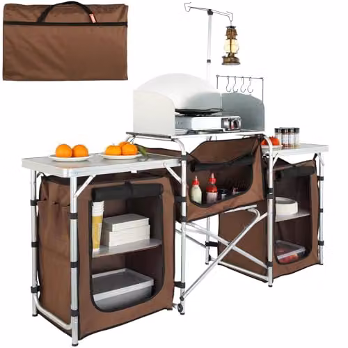 VEVOR Keukenblok voor picknick en BBQ met 3 kasten, Bruin, Aluminium en MDF