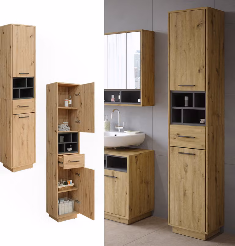 Vicco Beatrice Badkamerkast Artisanaal eiken/antraciet met deuren en lade, Model 40165, Hoogte: 190 cm, Breedte: 38 cm
