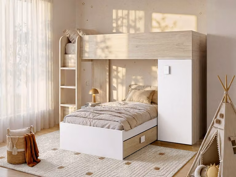 RICARDO Omkeerbaar hoekstapelbed met opbergruimte voor kinderen, Eiken en Wit, B/D/H: 190 x 90 x 150 cm (per bed)