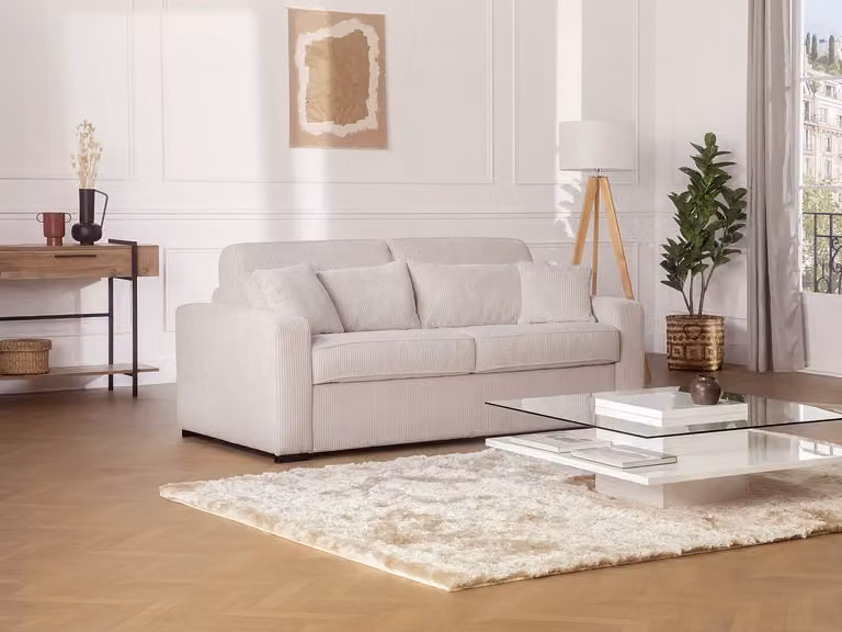 MONDOVI Slaapbank met 4 zitplaatsen in beige/wit textiel met express-uitklapmechanisme en matras van 160 x 190 cm
