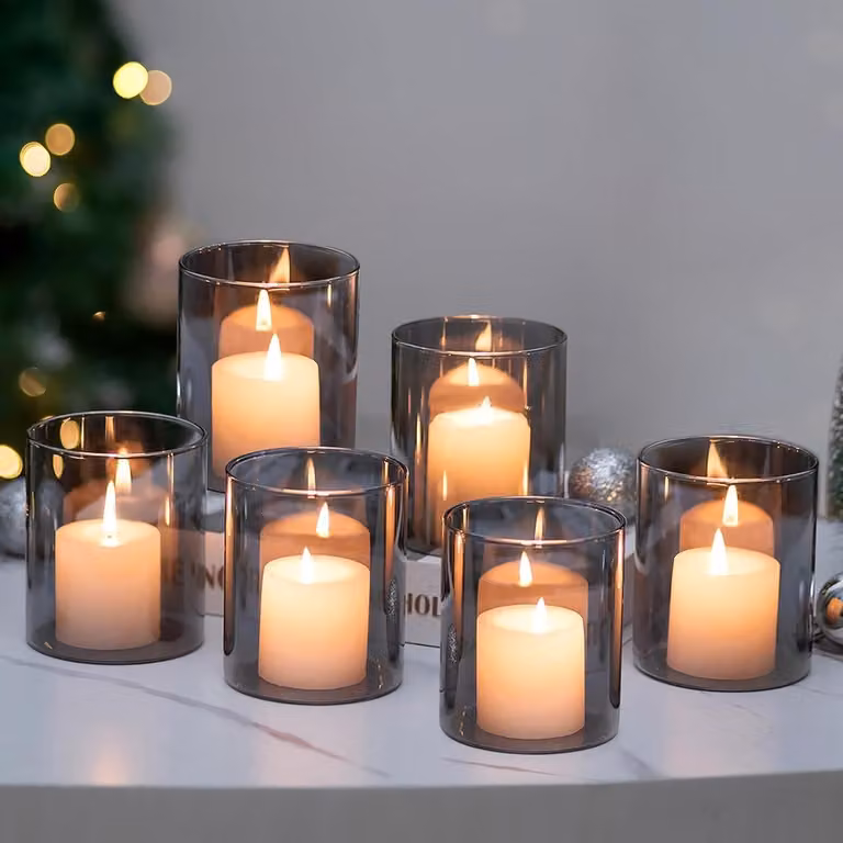 Thijox Set van 6 Zwarte Glazen Lantaarns voor Outdoor Tafeldecoratie en Woonkamer