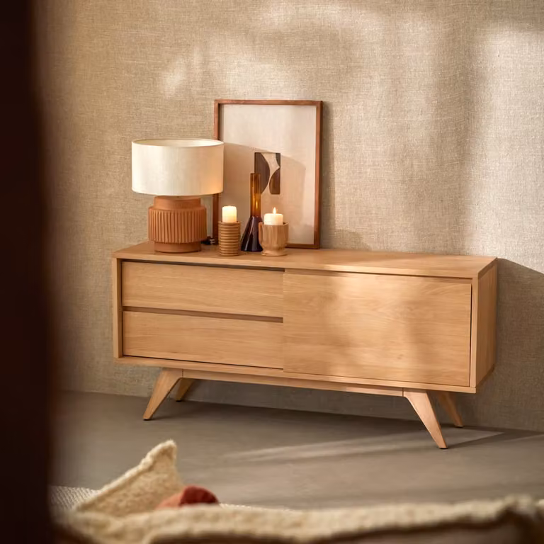 Tikamoon Esmée Massief Eiken Houten Tv-meubel - Beige/Bruin - B: 130 cm, D: 35 cm, H: 60 cm