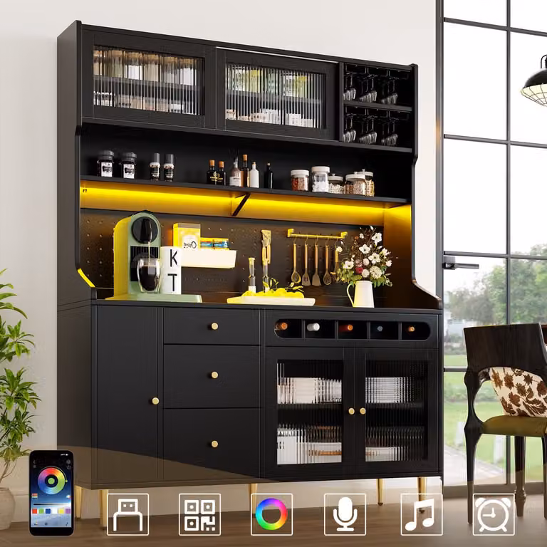 REDOM Hoge Kast met Ledverlichting en Verstelbare Planken - Zwart - B: 39 cm, D: 145 cm, H: 171 cm