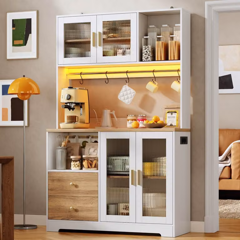 HAUSS SPOLE Keukenkast - Hoge Opbergkast met Led, Stopcontact en Vitrinedeuren - Wit Naturel - B: 110 cm, D: 40 cm, H: 178 cm