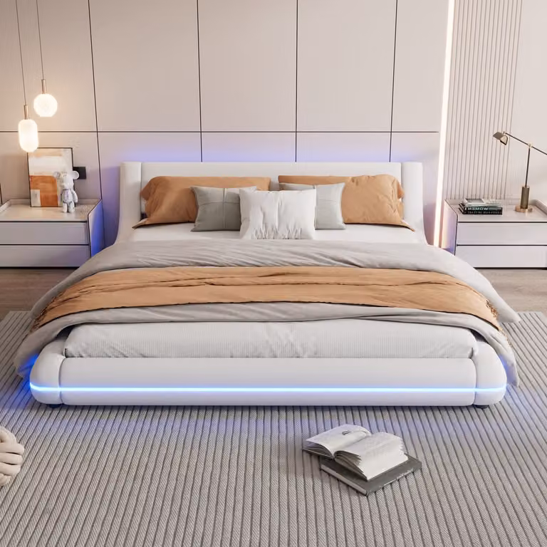 Re-purelife Modern Vloerbed Japans Bed met LED Omgevingslicht en Afstandsbediening, Wit, B/D: 160 x 200 cm