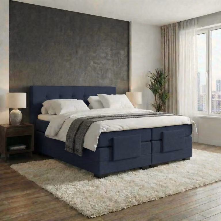 Mörgenn Elektrische Boxspring LUXA met Luxe Splittopper en Pocketvering - Donkerblauw - B/D/H: 140 x 210 cm