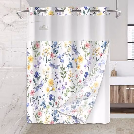 Transparante douchegordijn met kleurrijke bloemen en dubbel bovenraam, waterbestendig polyester, B/D/H: 188 x 180 cm