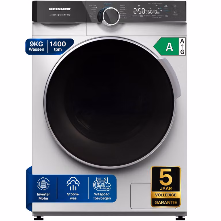 Heinner HWM-M914IVKA Voorlader Wasmachine, 9 kg, 1400 tpm, Stoom, Touchbediening, Wit