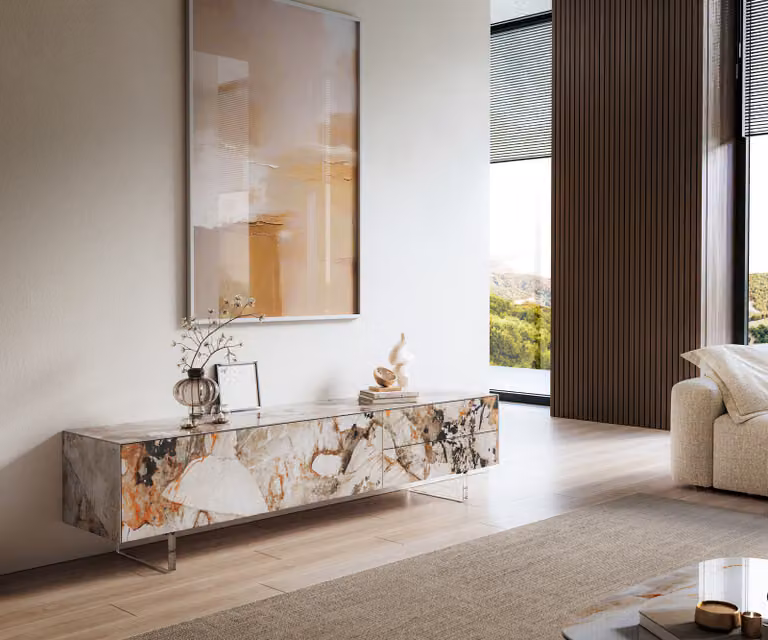 DELIFE Tv-meubel Cuor met Keramiek Patagonia gepolijst, Bruin/Beige, Breedte: 220 cm, Hoogte: 45 cm, Diepte: 50 cm