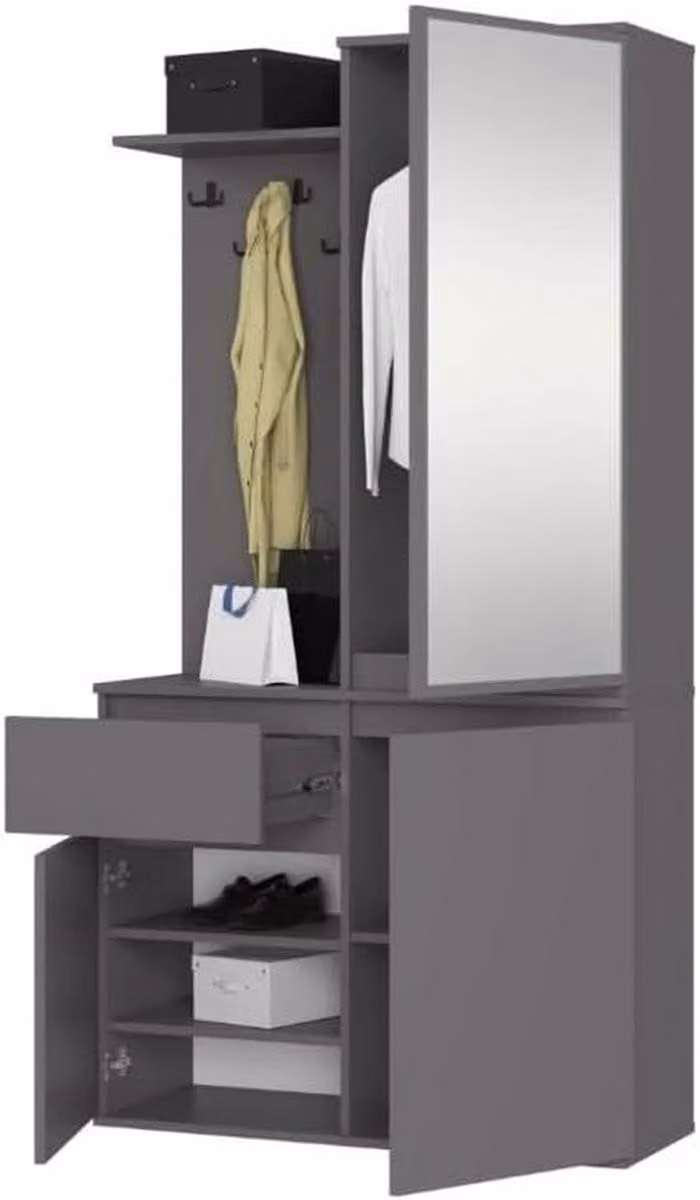 Garderobe set met spiegelkast voor in de hal, Grijs, B/D/H: 95 x 35 x 183 cm