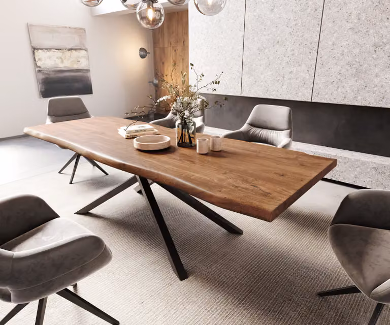 DELIFE Eettafel Edge Live-Edge Acacia Bruin met Zwart Kruisframe, B/D/H: 260 x 100 x 75,5 cm