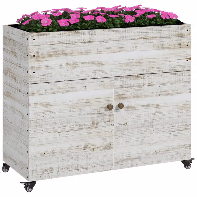 Outsunny houten plantenbak op wielen, multifunctioneel kastje met vintage uitstraling, weerbestendig, wit, B/D/H: 110 x 50 x 95 cm