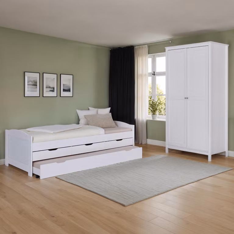 home24 Slaapkamerset Chilly wit met bedframe en ladekast van massief hout