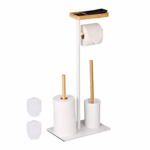 Relaxdays Toiletbutler vrijstaand met plankje, bamboe en metaal, wit/bruin, H x B x D: 65 x 30 x 20 cm