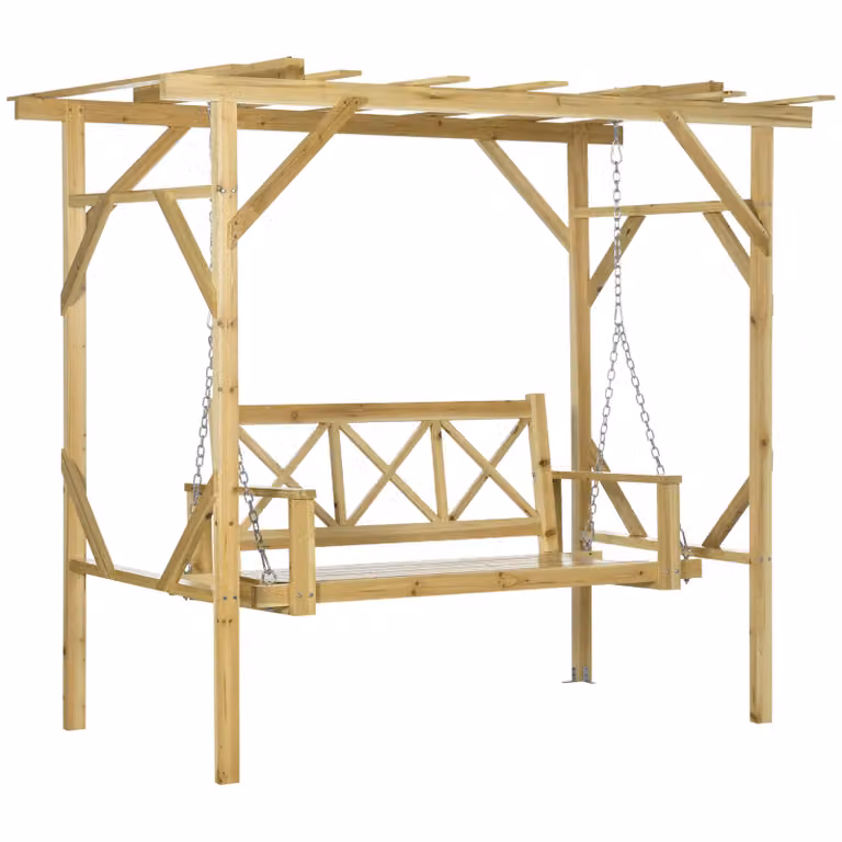Outsunny schommelbank met pergola, 2-zits tuinschommel van massief hout, naturel, B/D/H: 150 x 120 x 190 cm