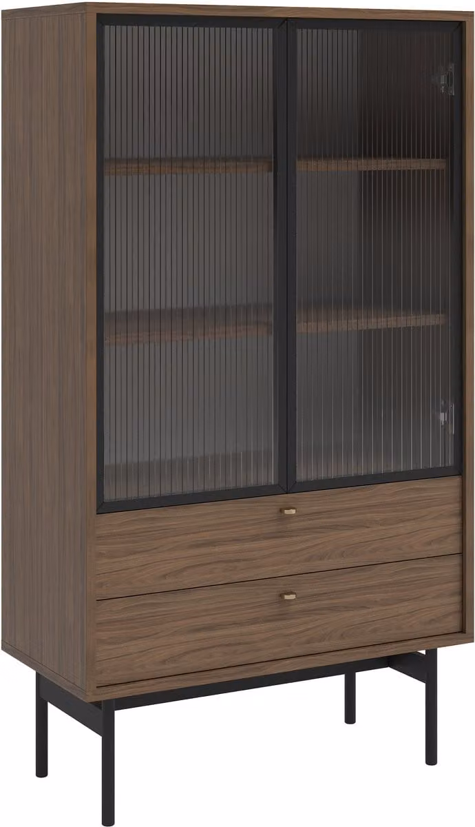 Selsey Olar II Vitrinekast met 2 planken en 2 lades, Carini walnoot, Breedte: 85 cm