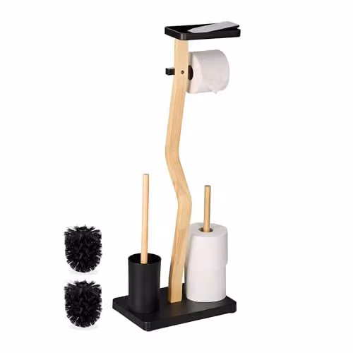 Relaxdays Toiletbutler met wc-borstel en reserverolhouder, bamboe en metaal, zwart, H 80 x B 30 x D 20 cm