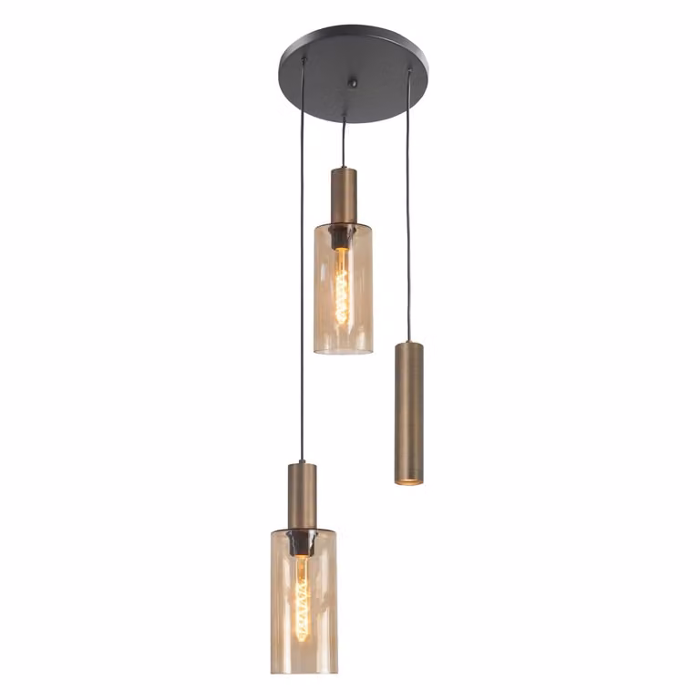 Highlight Perugia 3-lichts hanglamp zwart met koper brons en amber glas, Ø 40 cm