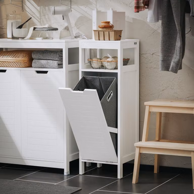 SoBuy BZR122-W badkamerkast met wasgoedmand in wit