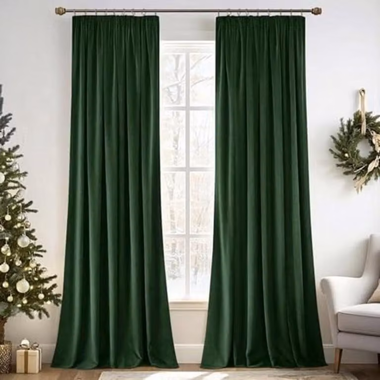 Set van 2 donkergroene fluwelen gordijnen met plooiband, ondoorzichtig, 140 x 280 cm