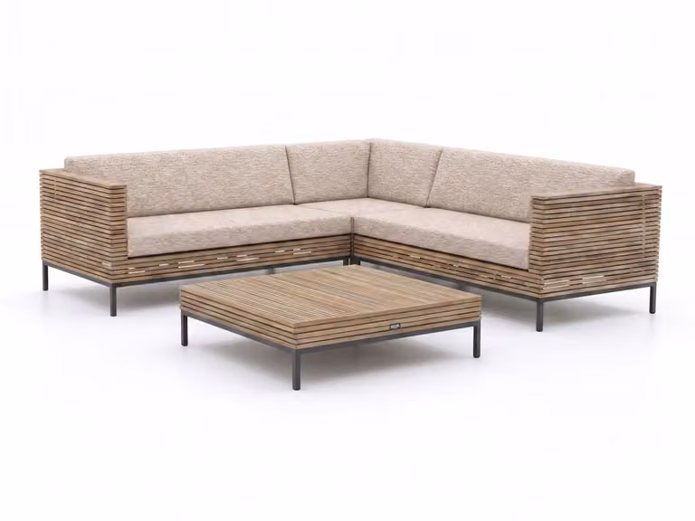 ROUGH Hoek loungeset voor 5 personen in Old Teak Greywash met beige kussens