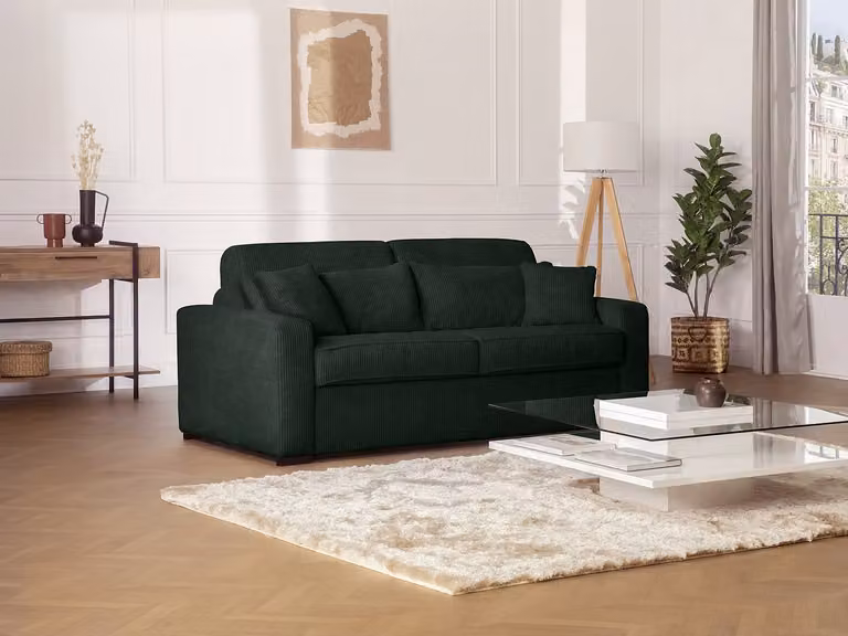 MONDOVI Express vierzitsslaapbank in groen ribfluweel met matras en losse kussens