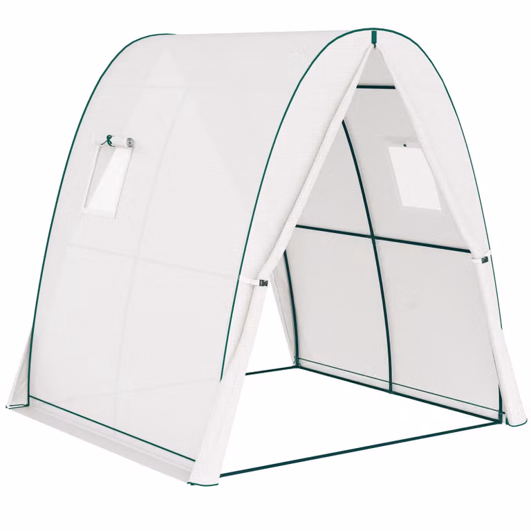 Outsunny Boogkas met zandzakken, kunststof cover, 2 roldeuren en gaasramen, Wit, H x B x D: 2 x 1,8 x 1,8 m