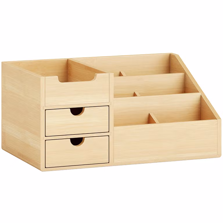 HOMCOM Bamboe Bureau Organizer met 2 Laden en 7 Opbergvakken voor Kantooraccessoires, Natuur Bamboe, B: 33 cm, D: 20,5 cm, H: 15,5 cm