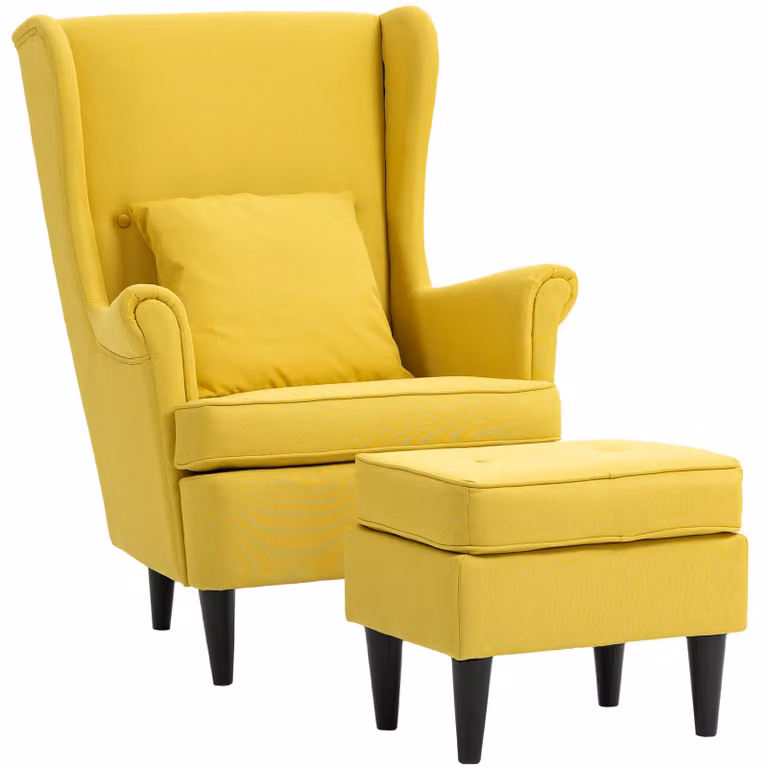 HOMCOM Oorfauteuil met voetenbank, moderne lounge fauteuil met rubberhouten poten en stoffen bekleding, geel