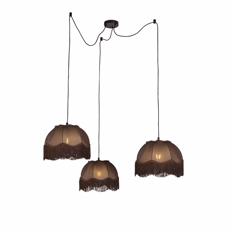 Qazqa Hanglamp zwart met bruine kap en witte binnenkant 3-lichts 31,5 cm