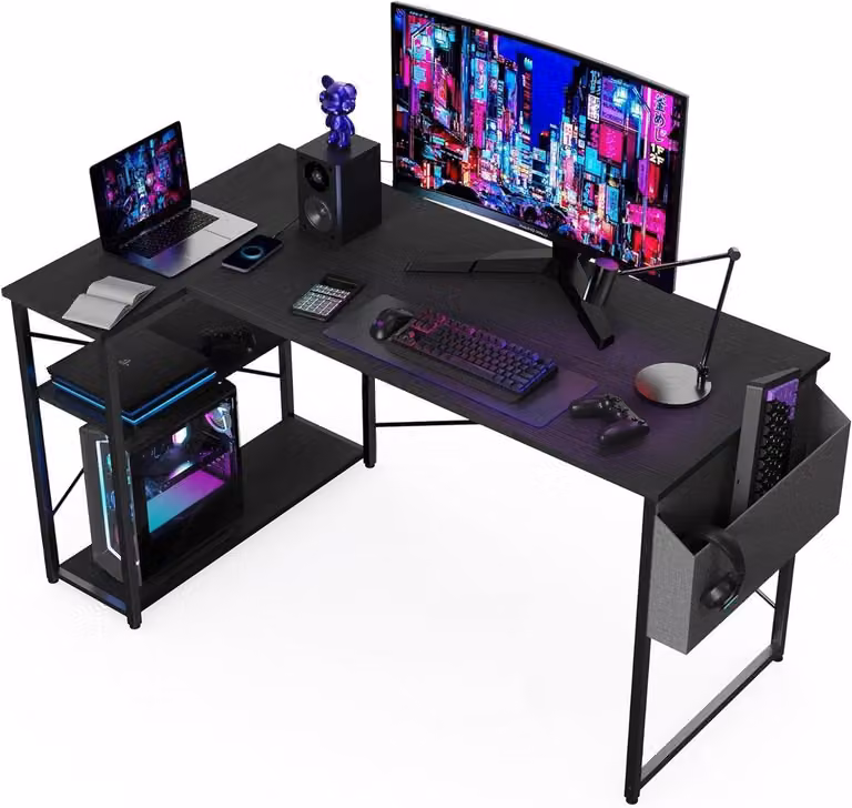Zwart Hoekbureau Werkstation met Omkeerbare Opbergplanken, B: 100 cm x D: 70 cm