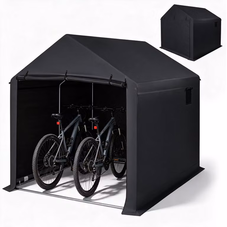 Costway Waterdichte Fietsenstalling en Tuinschuur met Oprolbare Ritssluitingdeur, 2 Ramen en Metalen Frame, Zwart