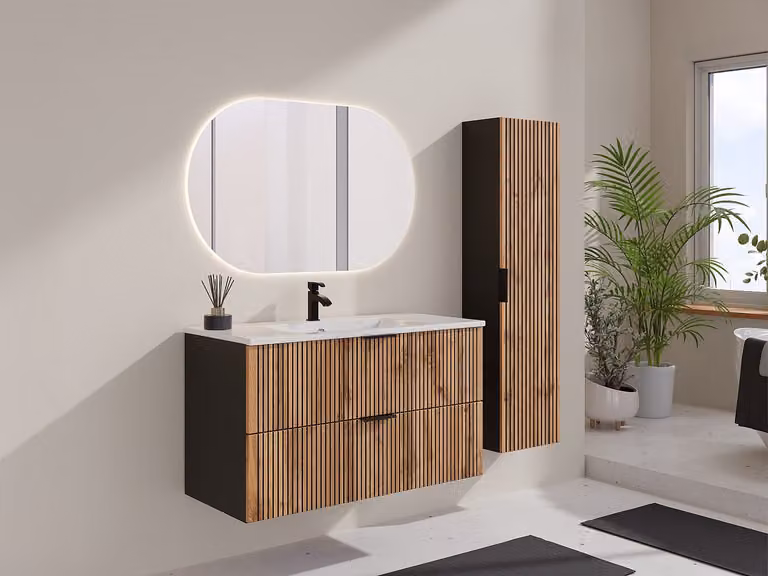 Modern geribbeld badkamermeubel van Madela met inbouwwastafel en kolomkast in beige en zwart, Breedte: 100 cm, Diepte: 46 cm, Hoogte: 74 cm