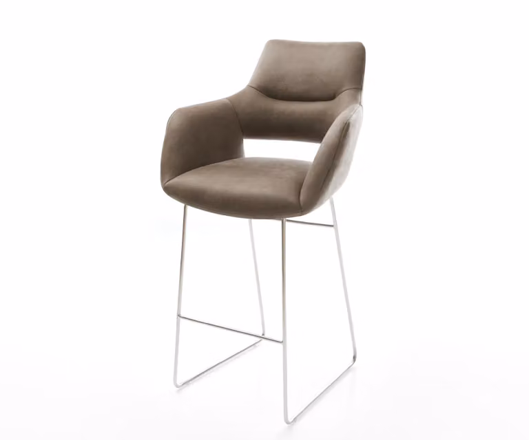DELIFE Barstoel Yago-Flex met armleunnen, Microvezel Taupe, Sledeonderstel RVS Zilver en Pocketvering