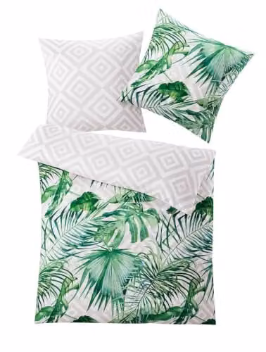 Kleine Wolke LORIA beddengoedset Mako-satijn Groen met bloemenmotief, Dekbedovertrek 155 x 220 cm en Kussensloop 80 x 80 cm